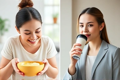 Mother feeding baby, professional drinking soy milk.